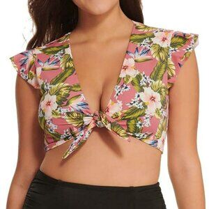 NEW Beach Betty by Miracle Brands Pink Floral Cap Sleeve Tie Front Bikini Top S